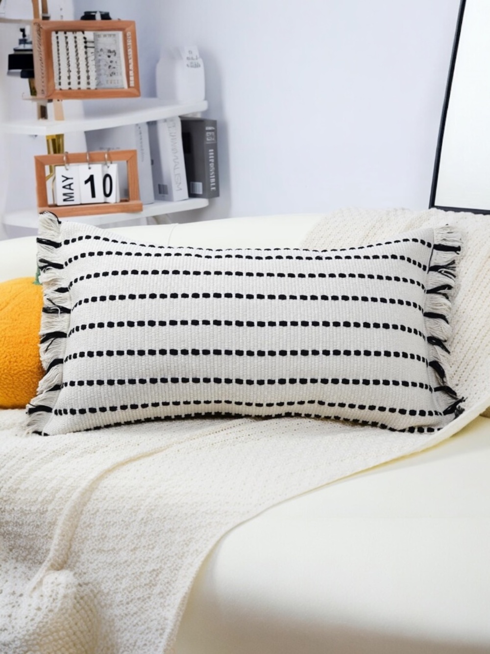 Farmhouse Boho Fringe Neutral Lumbar Pillow Cover 14x24 Striped